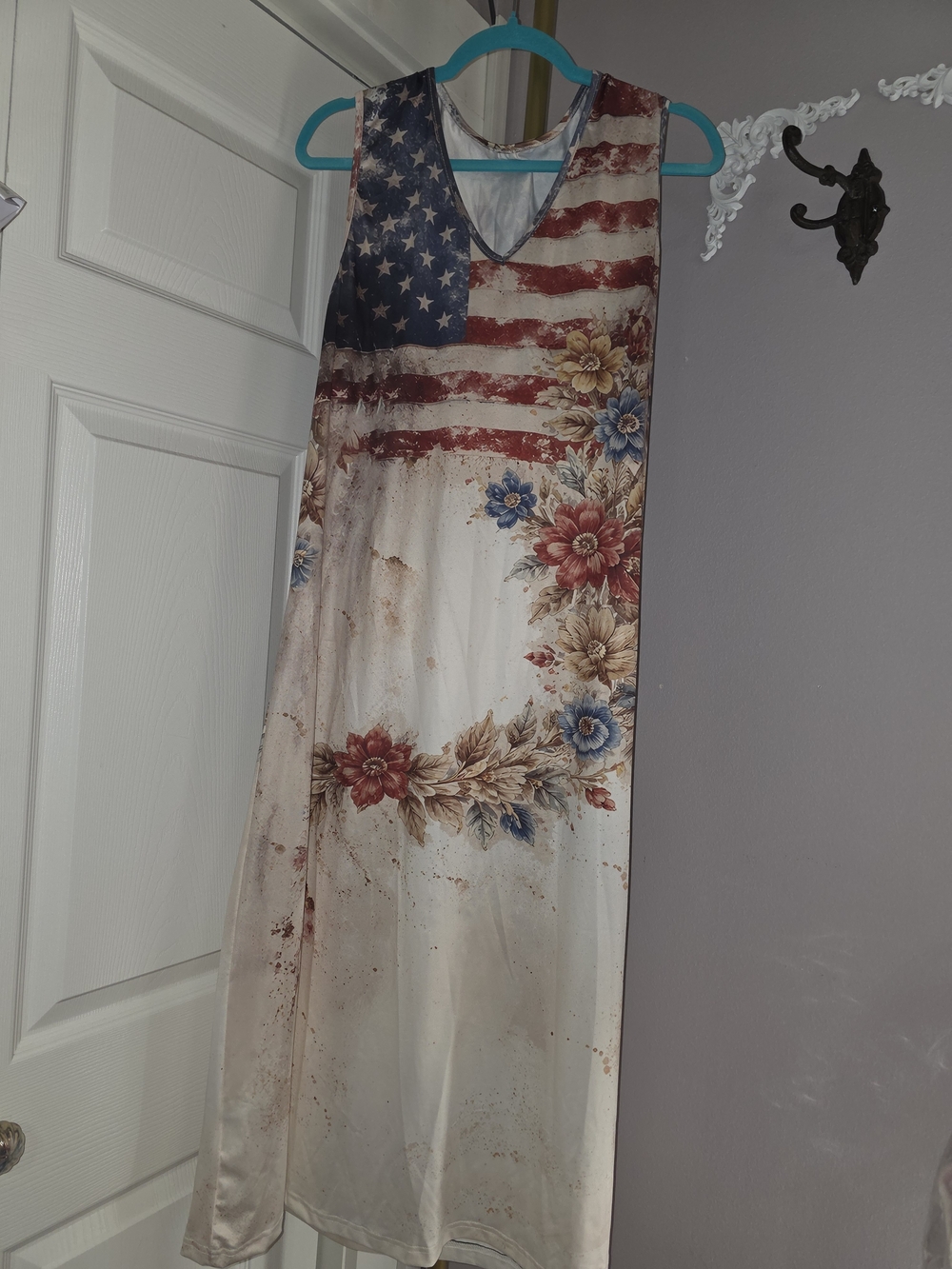Sleeveless Flag & Floral Maxi Dress - White/Red/Blue